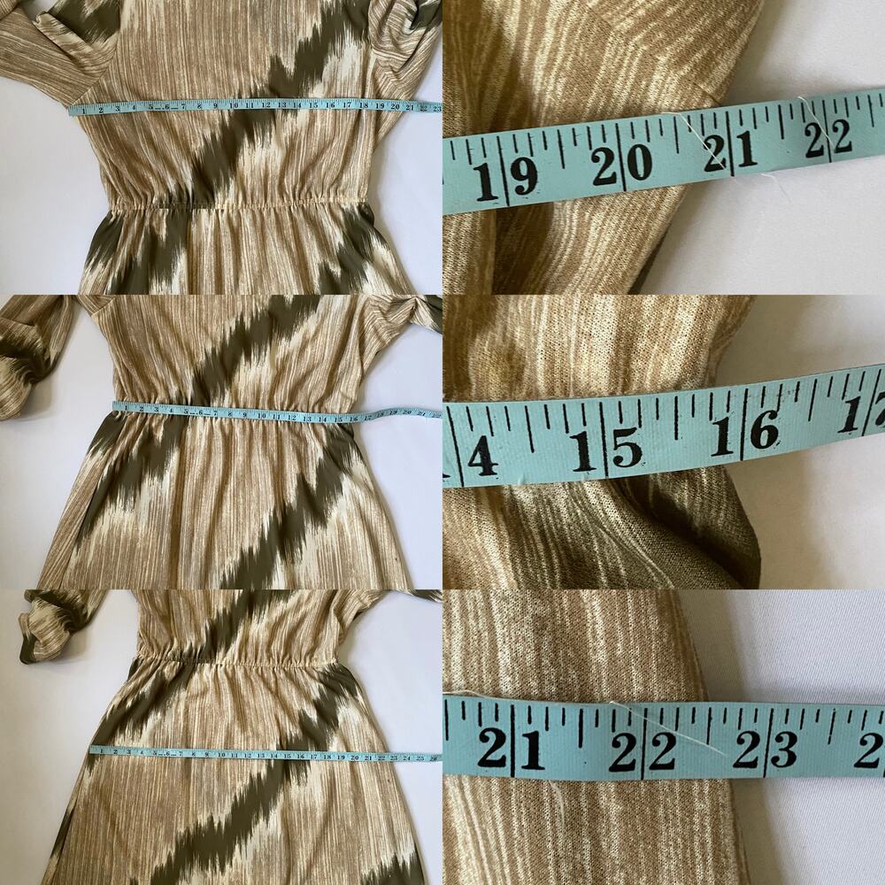 Vintage 70s Abstract Midi Dress High Neck Side Bow Olive Taupe M - Picture 12 of 17